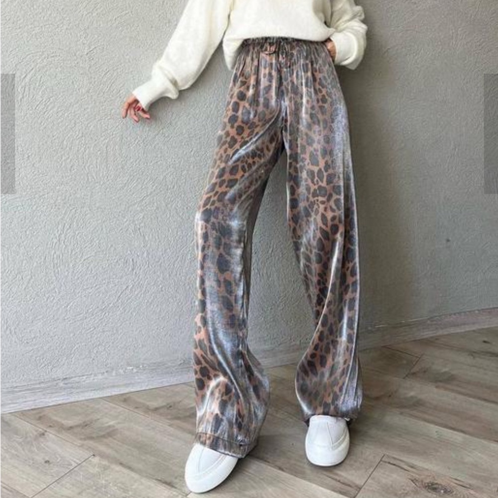 Satin Leopard Print Wide-Leg Pants